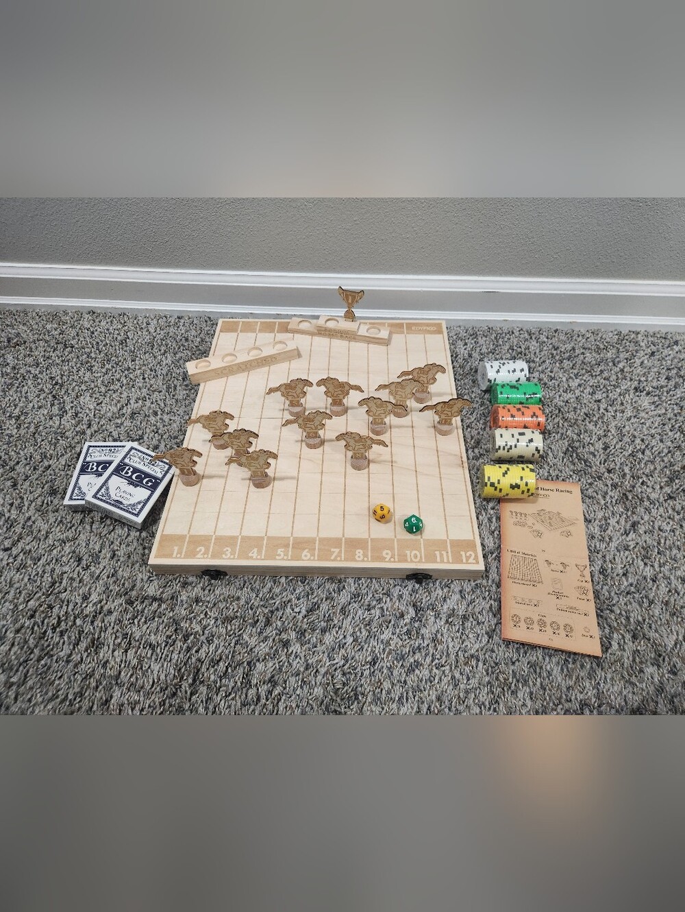 Wooden Horse Racing Board Game with Poker Chips and Dice - Natural Wood